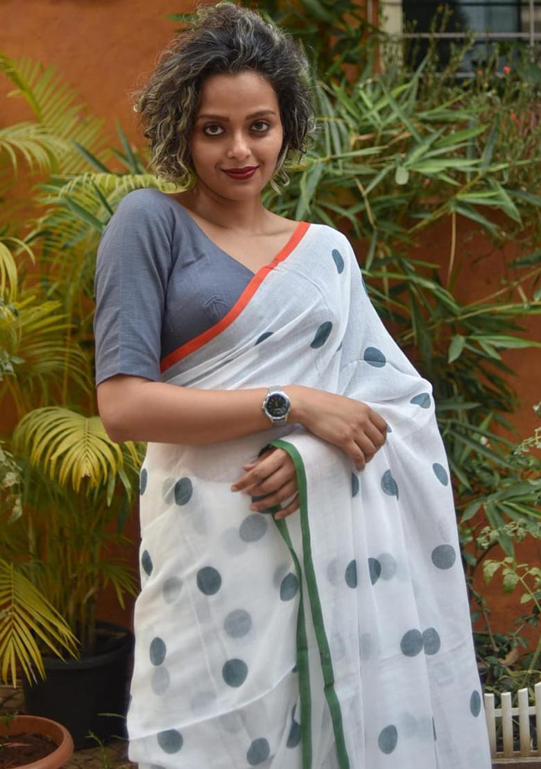 White Embroidered Linen Saree Set