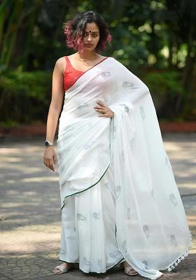 White Embroidered Linen Saree Set