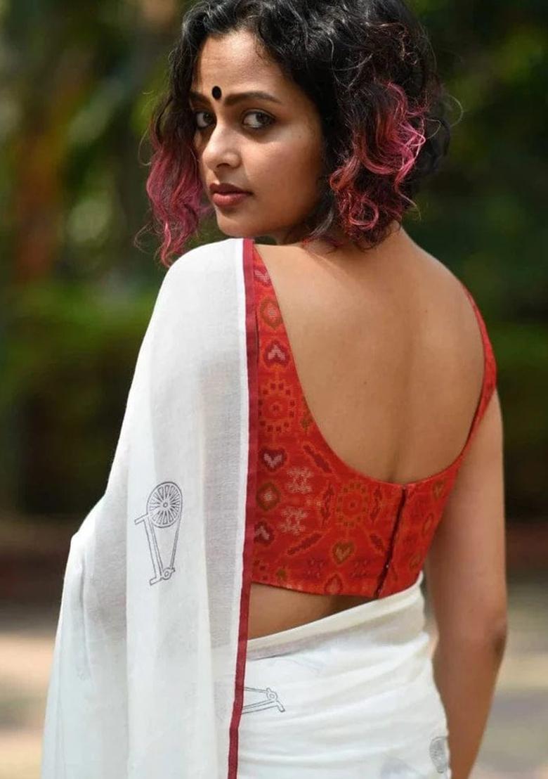 White Embroidered Linen Saree Set