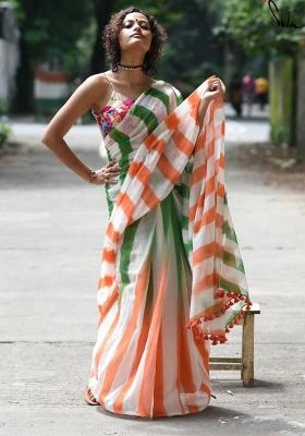 Multicolor Embroidered Linen Saree Set