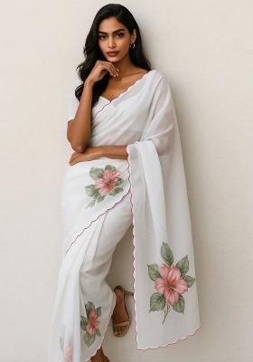 White Embroidered Georgette Saree Set