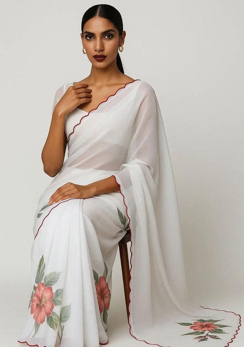 White Embroidered Georgette Saree Set