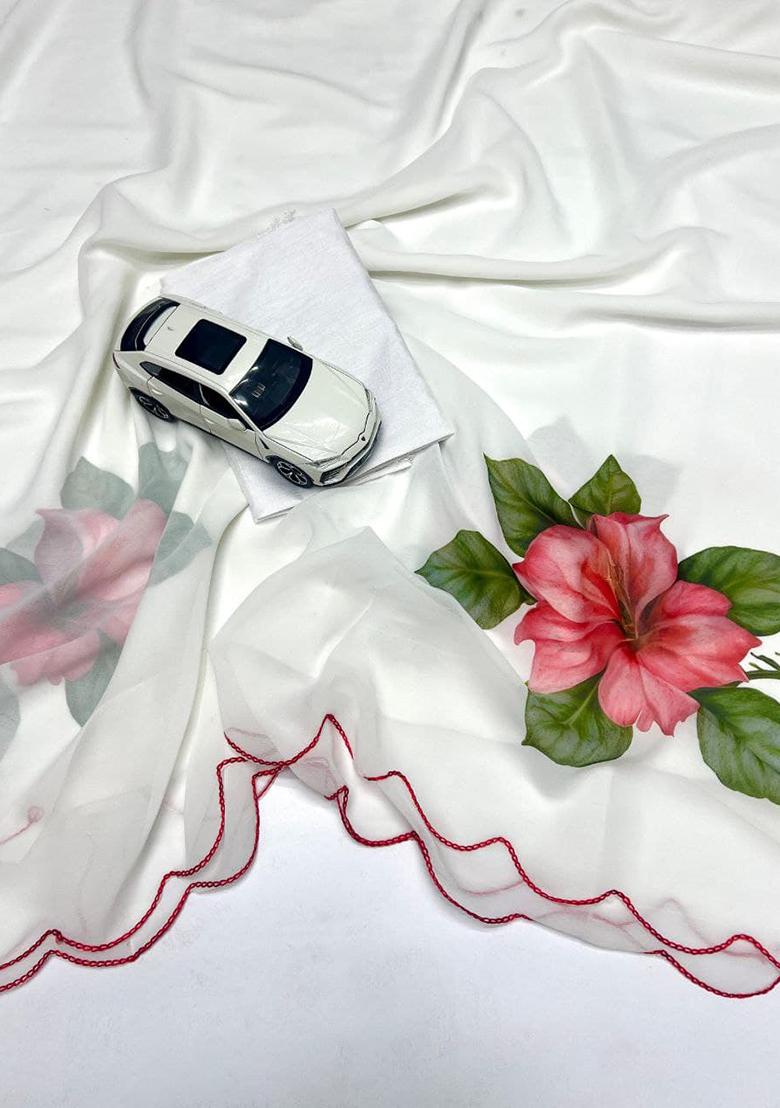 White Embroidered Georgette Saree Set