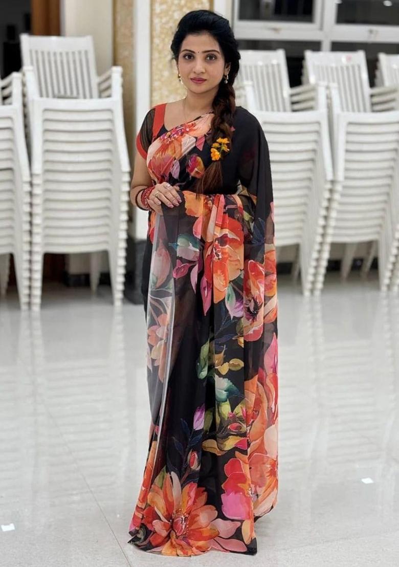 Black Embroidered Georgette Saree Set