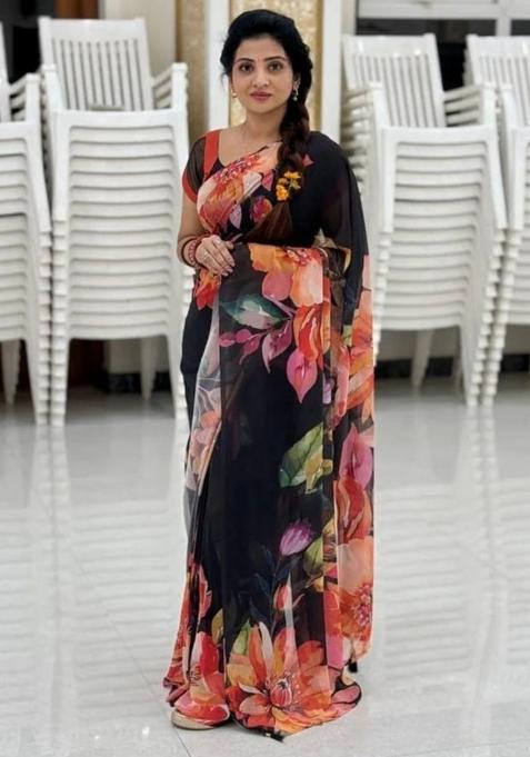 Black Embroidered Georgette Saree Set