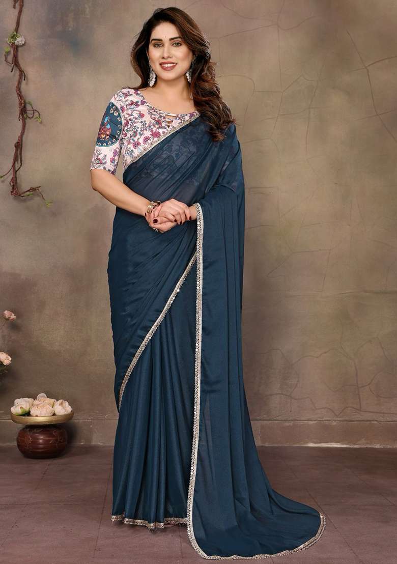 Teal Blue Georgette Saree Set with Embroidered for Diwali | Wedding & Festive Wear - Indya