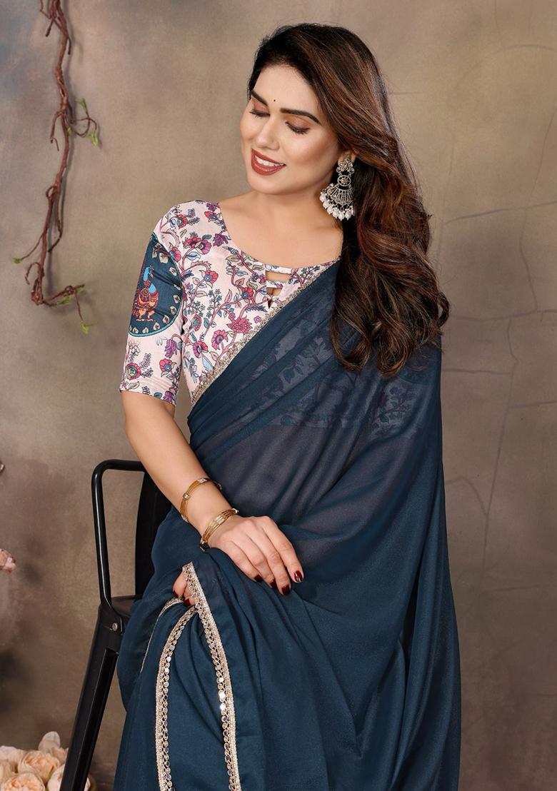 Teal Blue Embroidered Georgette Saree Set