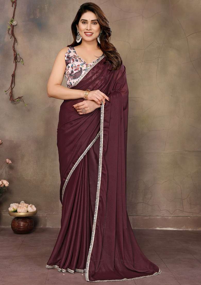 Brown Georgette Saree Set with Embroidered for Diwali | Wedding & Festive Wear - Indya