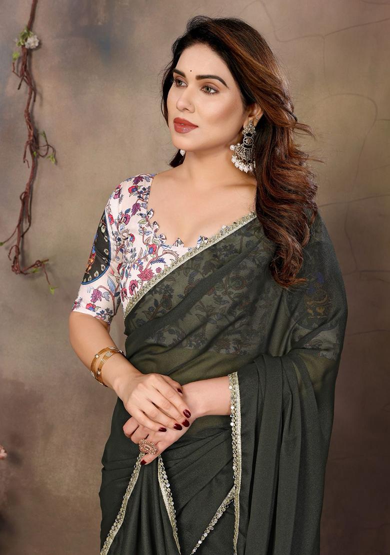 Green Embroidered Georgette Saree Set