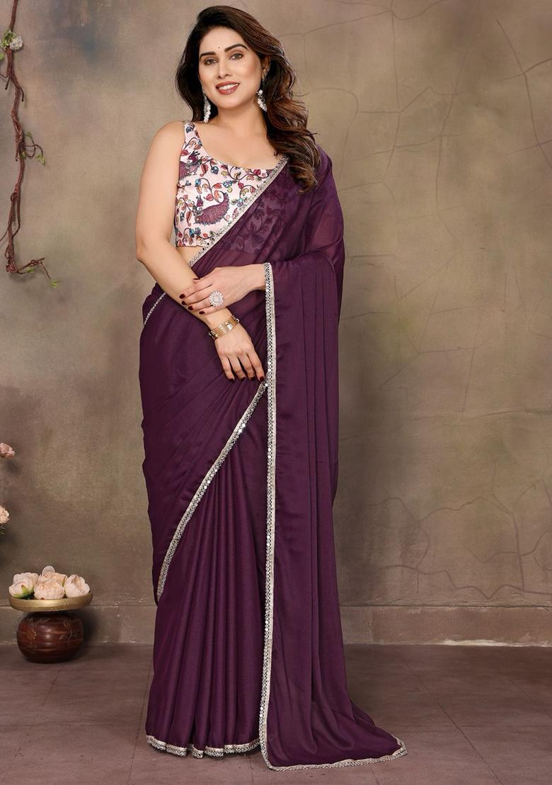 Wine Embroidered Georgette Saree Set