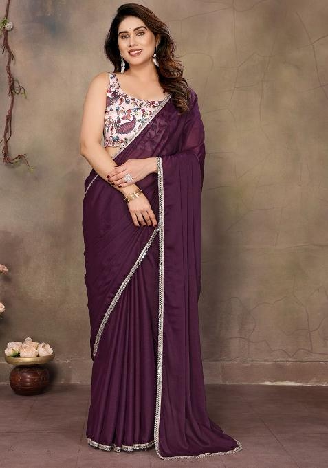Wine Embroidered Georgette Saree Set