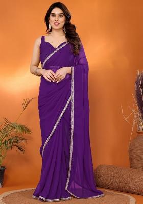 Purple Embroidered Georgette Saree Set