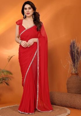 Red Embroidered Georgette Saree Set