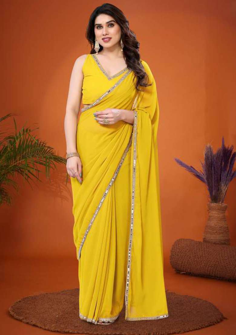 Yellow Embroidered Georgette Saree Set for Diwali and Festive Wear - Indya