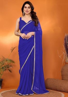 Royal Blue Embroidered Georgette Saree Set