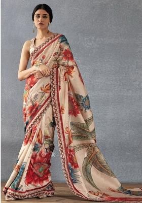 Cream Embroidered Silk Saree Set