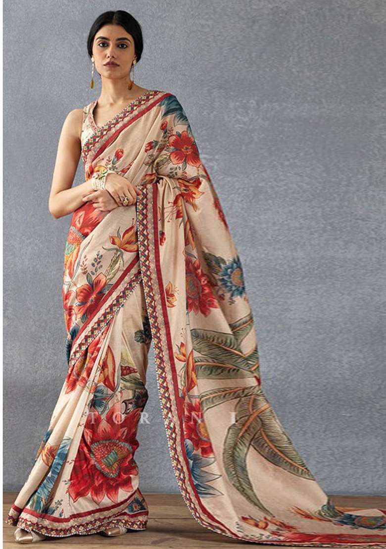 Cream Silk Blend Saree Set with Embroidered for Diwali | Wedding & Festive Wear - Indya
