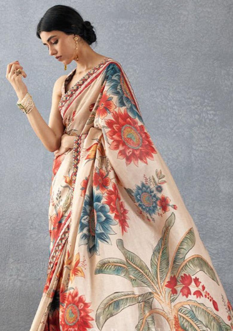 Cream Embroidered Silk Saree Set