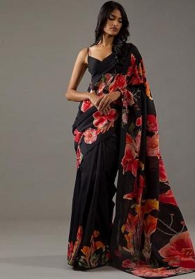 Black Embroidered Silk Saree Set