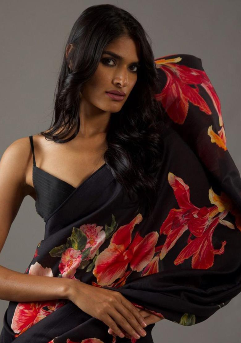 Black Embroidered Silk Saree Set