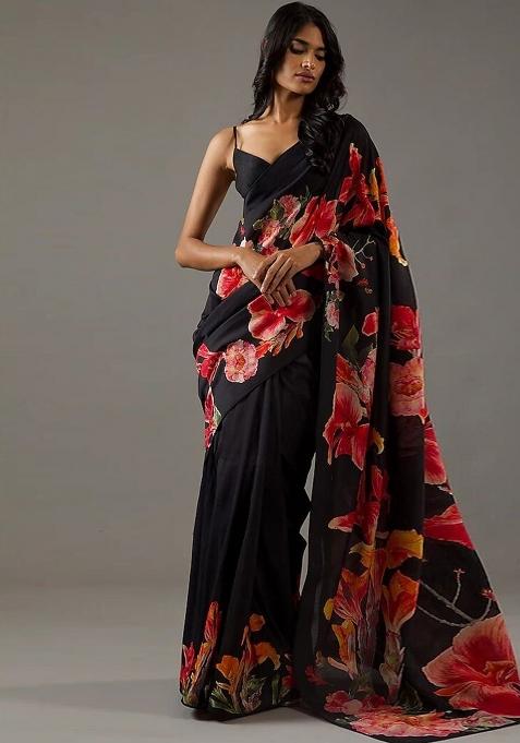 Black Embroidered Silk Saree Set