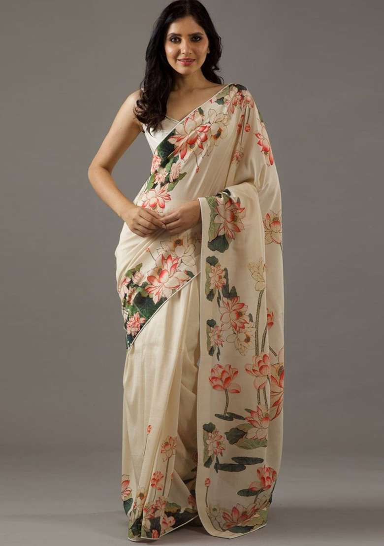 Cream Embroidered Silk Blend Saree Set for Diwali and Festive Wear - Indya
