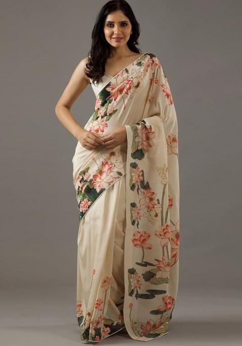 Cream Embroidered Silk Saree Set