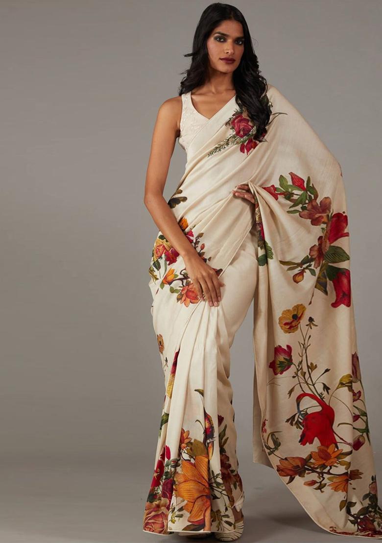 Cream Embroidered Silk Saree Set