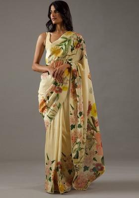 Yellow Embroidered Silk Saree Set