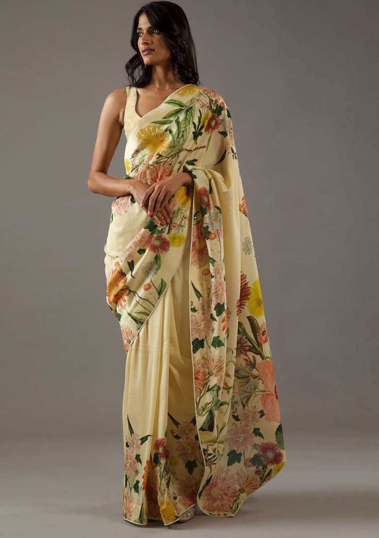 Yellow Silk Blend Saree Set with Embroidered for Diwali | Wedding & Festive Wear - Indya