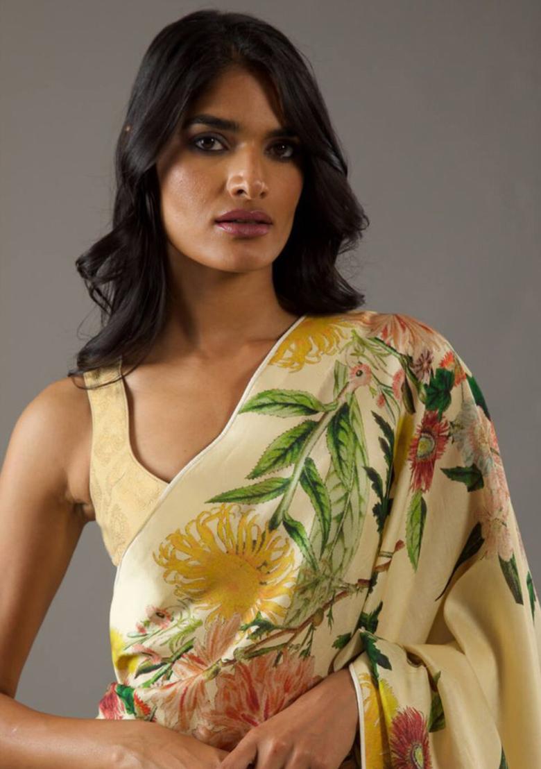 Yellow Embroidered Silk Saree Set