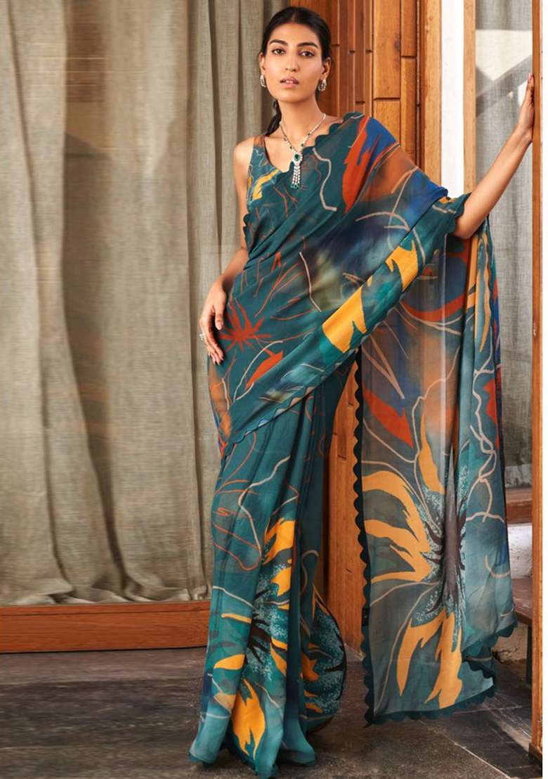 Teal Blue Embroidered Silk Blend Saree Set for Diwali and Festive Wear - Indya