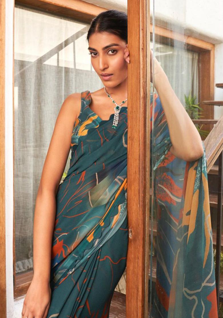 Teal Blue Embroidered Silk Saree Set