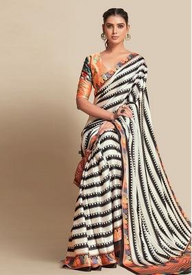 White Embroidered Silk Saree Set