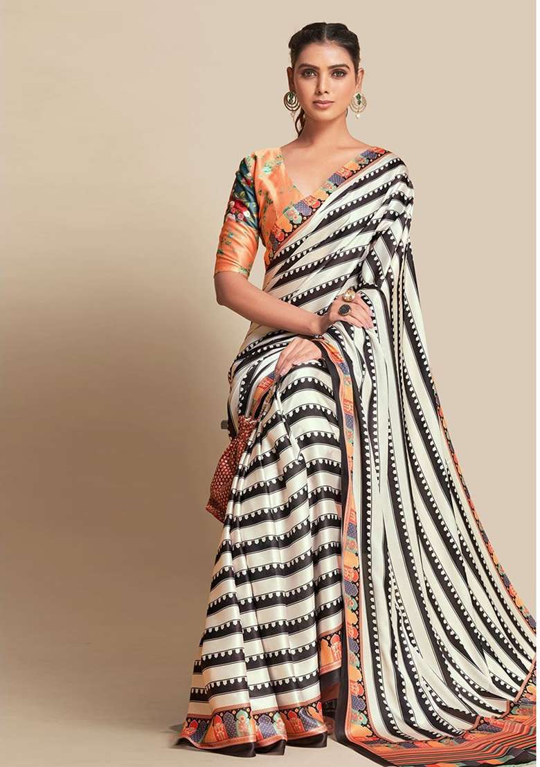 White Embroidered Silk Blend Saree Set for Diwali and Festive Wear - Indya
