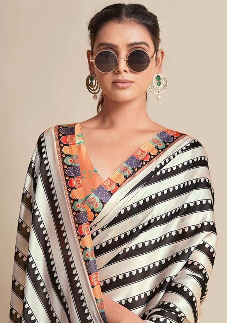 White Embroidered Silk Saree Set