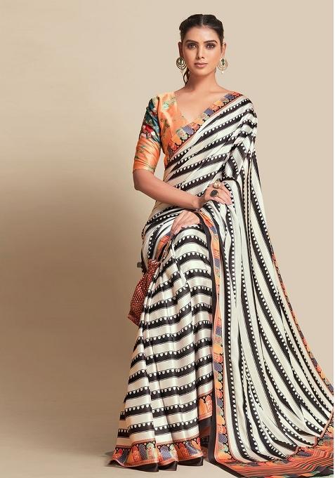 White Embroidered Silk Saree Set