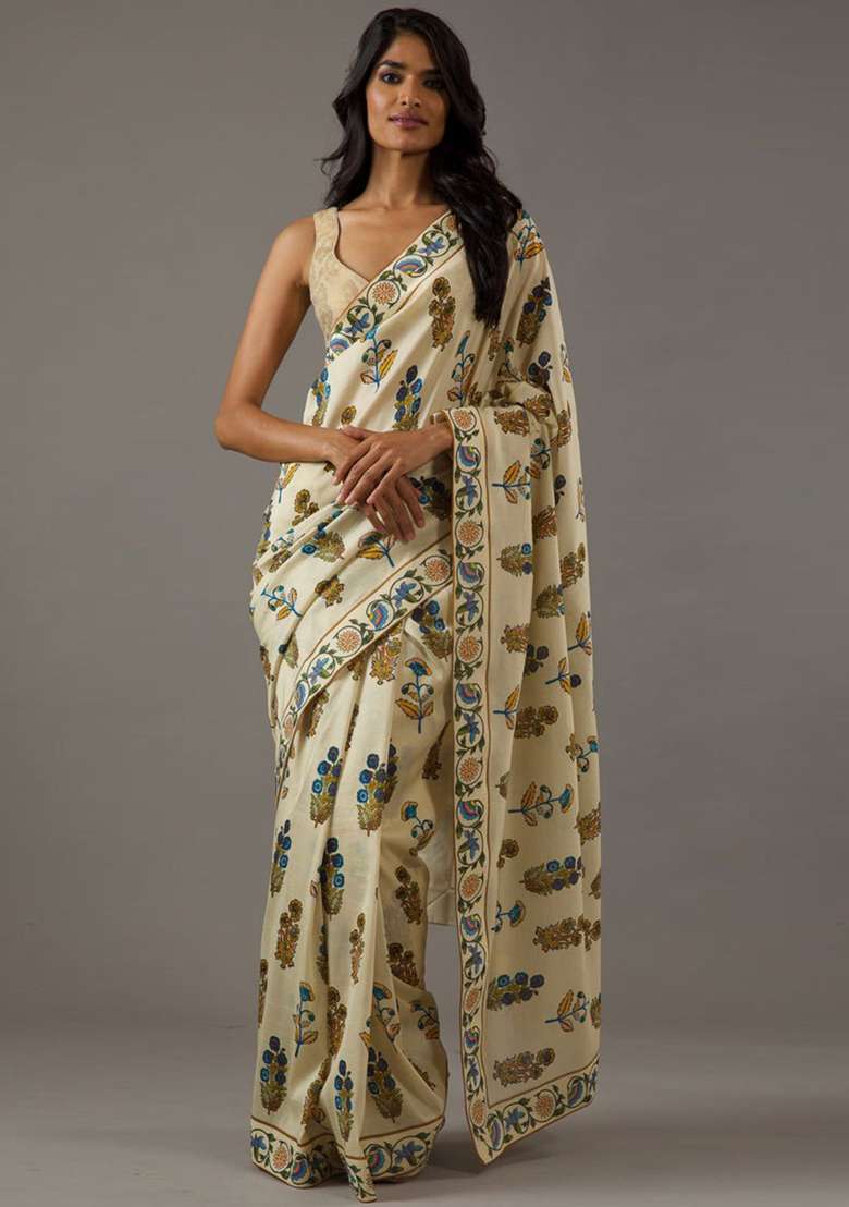 Cream Embroidered Silk Blend Saree Set for Diwali and Festive Wear - Indya
