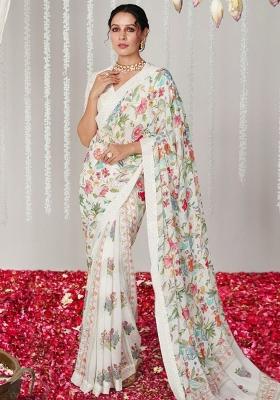 White Embroidered Silk Saree Set