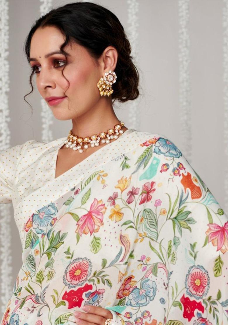 White Embroidered Silk Saree Set