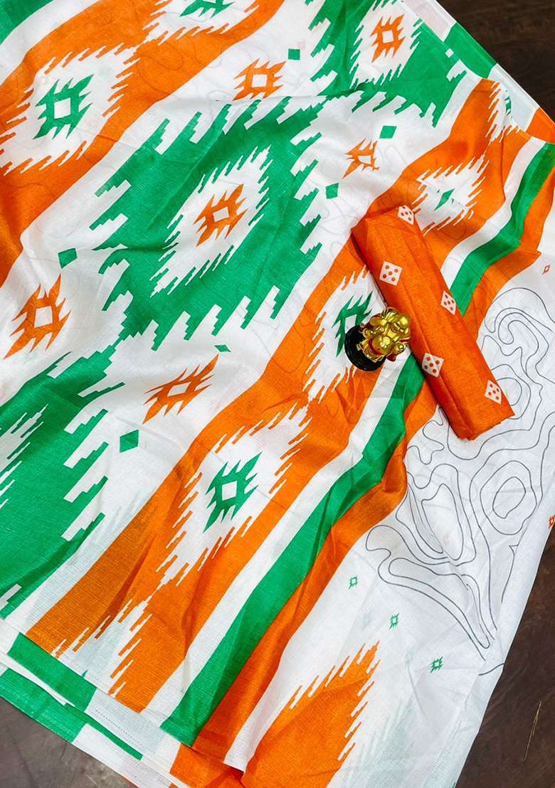 White Khadi Saree Set with Embroidered for Diwali | Wedding & Festive Wear - Indya