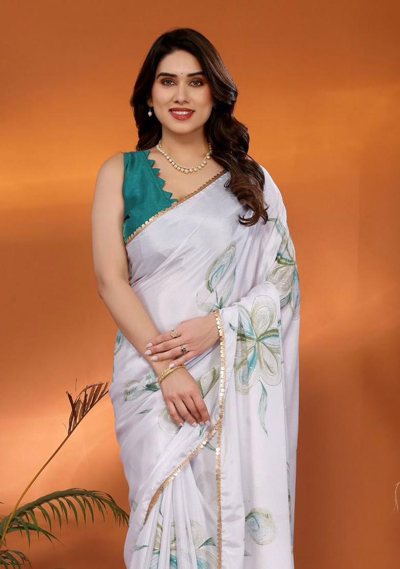 White Embroidered Chinnon Saree Set