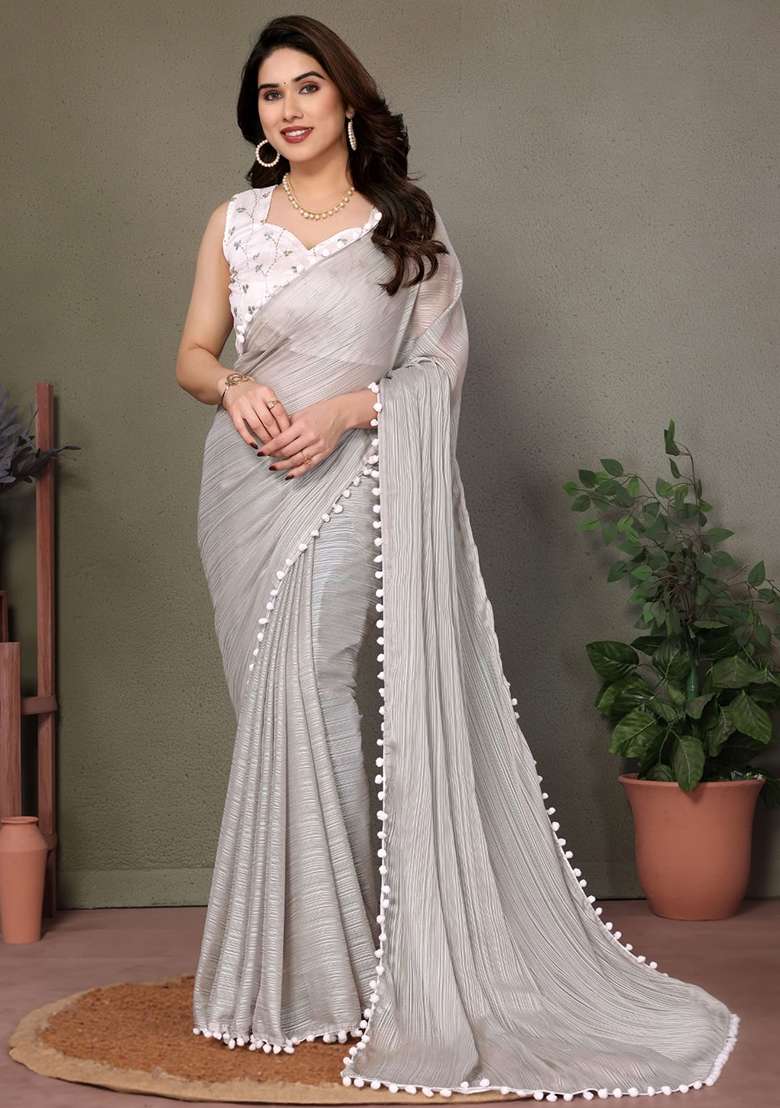 Grey Satin Saree Set with Embroidered for Diwali | Wedding & Festive Wear - Indya