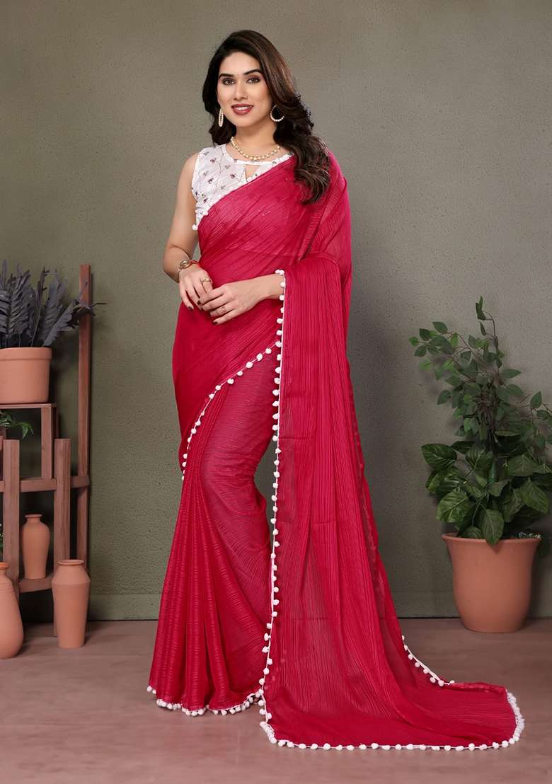 Red Satin Saree Set with Embroidered for Diwali | Wedding & Festive Wear - Indya