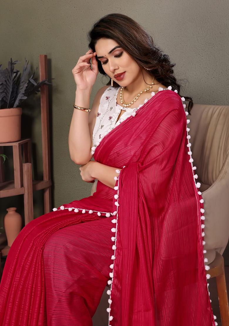 Red Embroidered Satin Saree Set