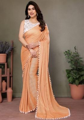 Orange Embroidered Satin Saree Set