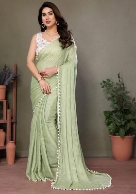 Light Green Embroidered Satin Saree Set