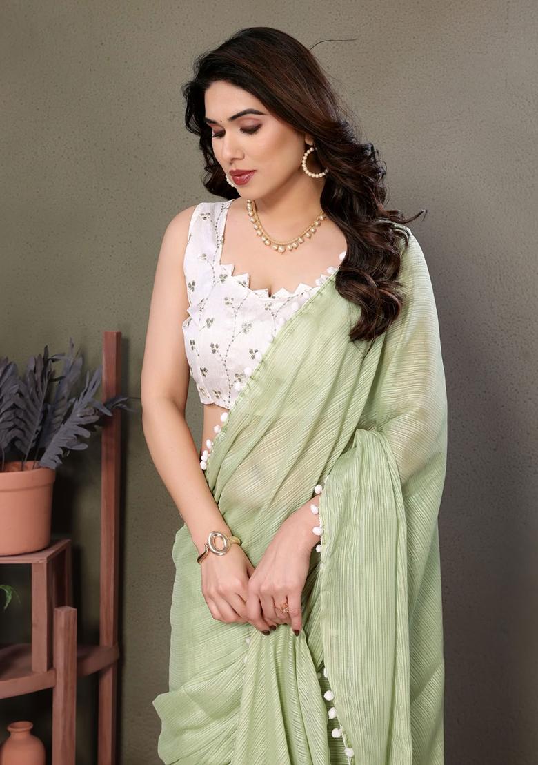 Light Green Embroidered Satin Saree Set