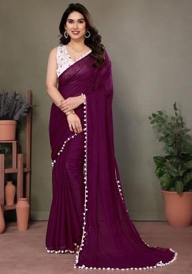 Wine Embroidered Satin Saree Set