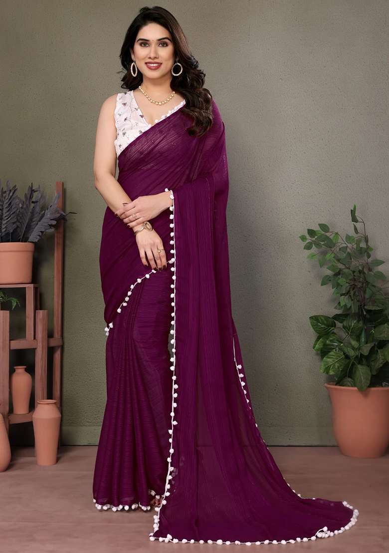 Wine Embroidered Satin Saree Set for Diwali and Festive Wear - Indya